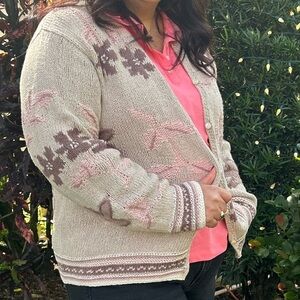 Eddie Bauer Legend Hand Knit Cardigan Sweater Garden Floral Flower Linen Sz L